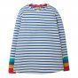 Frugi childrens eco-friendly cobalt and rainbow lydia striped top on a white background