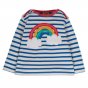 Frugi childrens cobalt stripe and rainbow bobby applique top on a white background