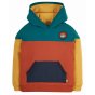 Frugi deep spruce colour block hoody in teal, mustard yellow, rust red and a navy front pocket, a mountain & rainbow round badge and a mustard lined hood on a white background