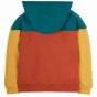 Frugi deep spruce colour block hoody in teal, mustard yellow, rust red from the back on a white background