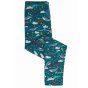 Frugi childrens organic cotton teal folded Libby leggings with cosmic wave print of narwhals, whales and cosmic print on a white background