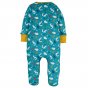 Back of the Frugi eco-friendly turquoise patterned baby grow on a white background