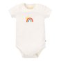 Frugi rainbow print baby body suit laid out on a white background