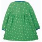 Frugi long sleeve green children's dress from the back with blue collar and wrist trim and white leaf print on white background