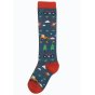 frugi organic cotton knee socks indigo ink tractor with red heels, toes and cuffs on white background