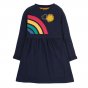 Frugi eco-friendly childrens leia loopback dress in the indigo and rainbow colours on a white background