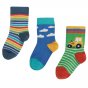 3 pack of Frugi eco-friendly organic cotton fjord green and tractor little socks laid out on a white background