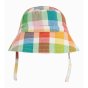 Rainbow checkered Frugi hayden sun hat on a white background