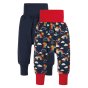 Frugi organic cotton childrens indigo rainbow skies trouser bottoms 2 pack laid out on a white background with the cuffs unfolded