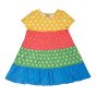 Frugi childrens eco-friendly organic cotton rosie rainbow dress in the hotch potch colours laid out on a white background