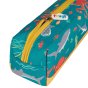 Close up of the zip on the Frugi what lies below soft pencil case on a white background
