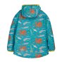 Back of the Frugi childrens what lies below ocean print rain or shine jacket on a white background