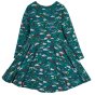 Frugi Long sleeve organic cotton teal skater dress with cosmic wave print of narwhals, whales and galaxy inspired star prints on a white background