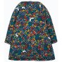 Frugi long sleeve reversible peek-a-boo dress from the back on all-over woodland print side with leaves, owls, moose and foxes and popper placket on white background