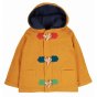 Frugi organic cord gold hooded duffle jacket with red, blue and green closure tab details, 2 front pockets and a navy lined hood on a white background