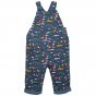 Reverse side of the Frugi kids sonny dungarees with a repeat print on a white background