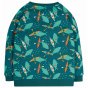 Frugi childrens teal Rex jumper from the back in above & below print with orange and yellow kayaks, light sage printed whales and fish, elasticated collar and wrist cuffs on a white background