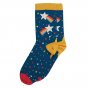 Pair of Frugi organic cotton big foot kids socks in the loch blue and stars design on a white background