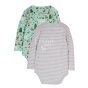 Back of the Frugi eco-friendly childrens festive bodysuits laid out on a white background