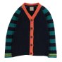 Frugi organic cotton navy cardigan with teal and navy raglan sleeves on white background