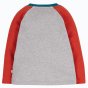 Frugi henry raglan sleeve top for children in grey marl with red sleeves on white background