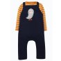 Frugi otto childrens outfit - white and yellow striped top and navy dungarees with printed owl on white background