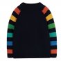 Back of the kids Frugi rainbow stripe knit jumper on a white background