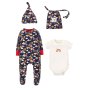 Items from the Frugi rainbow skies organic cotton baby clothing gift set laid out on a white background