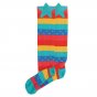 Pair of the Frugi childrens rainbow and star striped hygge organic cotton high knee socks on a white background