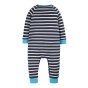Back of the Frugi childrens organic cotton striped remy romper on a white background