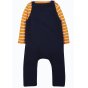 Frugi otto childrens outfit - white and yellow striped top and navy dungarees on white background