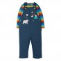 Frugi childrens organic cotton rae dungaree outfit in the rainbow stripe and india ink colour on a white background
