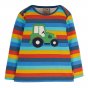 Frugi childrens eco-friendly rainbow stripe and tractor bobby applique top on a white background