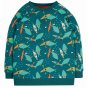 Frugi childrens teal Rex jumper in above & below print with orange and yellow kayaks, light sage printed whales and fish, elasticated collar and wrist cuffs on a white background