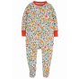 Frugi soft white woodland friends babygrow with moose, owls, leaves and red anti-scatch mitts and collar and poppers down front and legs on white background