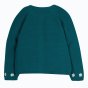 Frugi back teal knitted cardigan with floral detail sleeves on white background