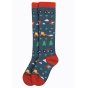 frugi organic cotton knee socks indigo ink tractor with red heels, toes and cuffs on white background