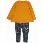 Frugi organic cotton Oralie outfit with long sleeve yellow top and woodland friends printed bottoms on a white background