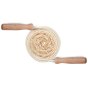 Gluckskafer eco-friendly childrens skipping rope with natural handles rolled up in a circle on a white background