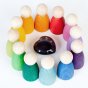 Grapat 12 Nins Wooden Peg Dolls in a circle, lined up in the colours of the rainbow around a black heart stone. A classic Waldorf peg doll toy for open ended play. White background.