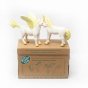 Green Rubber Toys eco-friendly gold unicorn and pegasus toys stood on their cardboard box on a white background
