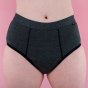 Hey Girls Basic Brief - Grey Period Pants with black trim details worn by a person against a pink background