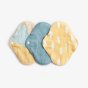 Imse Classic Cloth Pads - Small 3 pack period pads - Blue Sprinkle 3 in blue, yellow and & yellow and blue with white spots & white poppers snaps on a white background