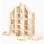 Just blocks eco-friendly wooden stacking shape toys stacked into a dolls house shape on a white background