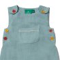 Close up of the LGR kids organic cotton sky blue adventure dungarees on a white background