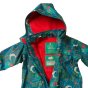 Close up of the LGR kids waterproof midnight jungle jacket showing the red inside on a white background
