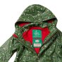 Close up of the LGR recycled plastic kids waterproof jacket laid out on a white background showing the red fleece inside