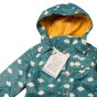 Close up of the LGR eco-friendly childrens waterproof jacket in the falling water blue colour showing the yellow hood on a white background