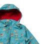 Close up of the LRG recycled plastic leo lion water proof jacket on a white background showing the red fleece hood
