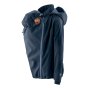 Mamalila Softshell Navy Babywearing & Maternity Allrounder Jacket worn with a baby on the front with the babywearing panel and the baby's hood up on a white background